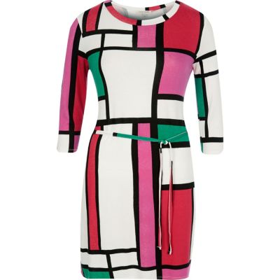White colour block jersey belted tunic